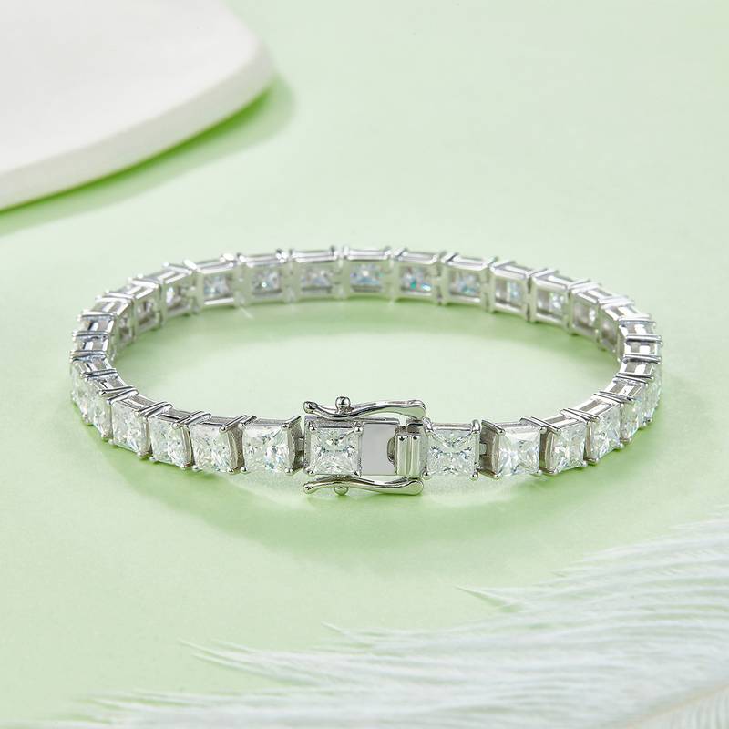 正方形拼石Tennis ChainS925银镀白金BraceletMoissanite0.5ct/粒DVVS